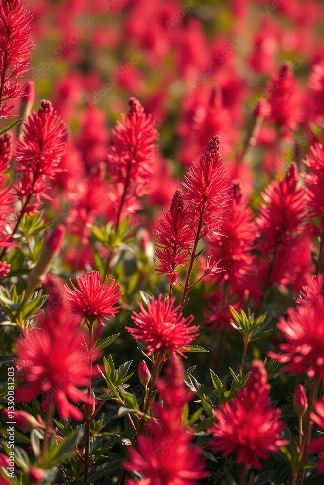 Red Flower Field Blooming with Green Leaves in the Garden Red Flower Field Blooming with Green Leaves in the Garden