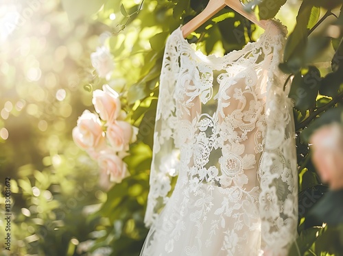 Ethereal Bridal Gown in Lush Garden with Intricate Lace and Floral Embroidery, Soft Sunlight and Pastel Blooms