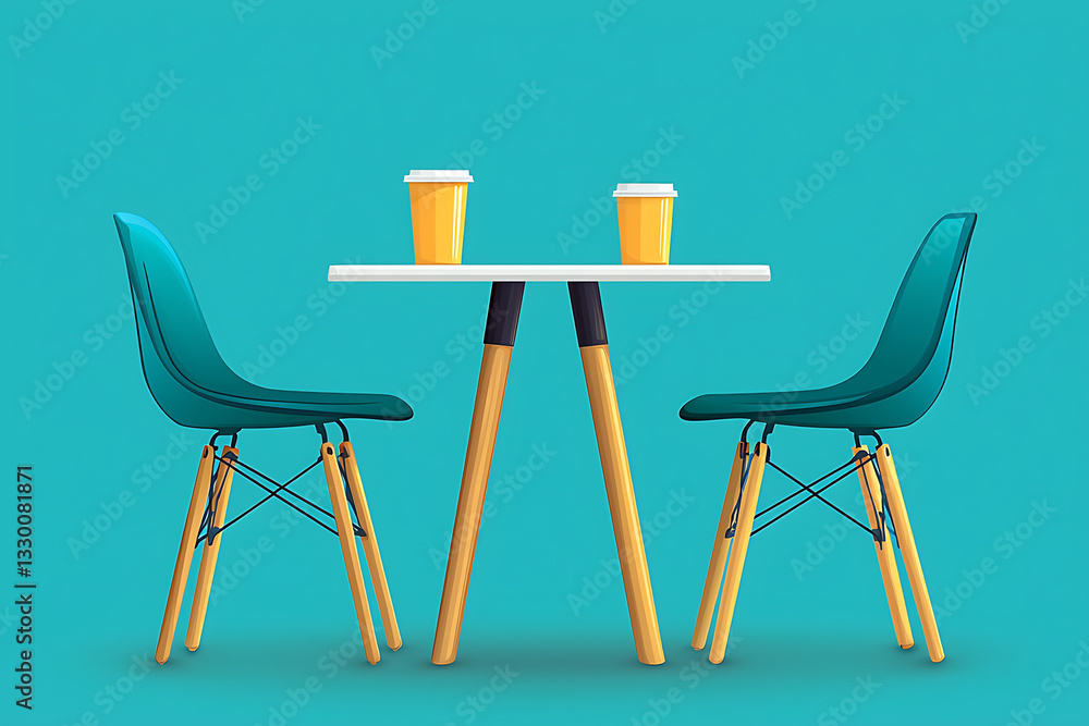 Fototapeta premium Turquoise chairs flank a small white table with two yellow cups against a matching blue background.