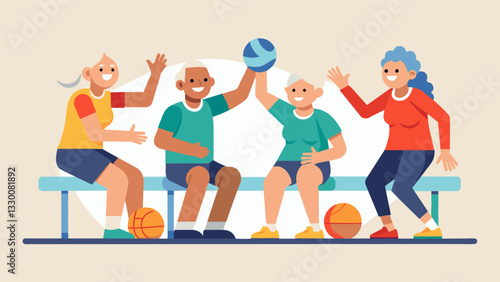 A group of elderly athletes with amputations participating in a seated volleyball match showing great teamwork and determination.. Vector illustration