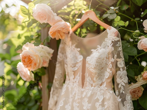 Ethereal Bridal Gown in Lush Garden with Intricate Lace and Floral Embroidery, Soft Sunlight and Pastel Blooms