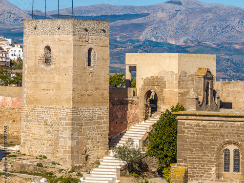Obraz na płótnie Close up aerial view of Alora hilltop castle with restored gate house and keep in Spain w salonie