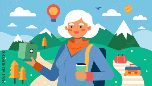 A solo female senior traveler defying age stereotypes and venturing out to explore the world while chronicling her journey on her travel blog.. Vector illustration