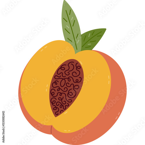 Lovely cartoon peach cut in half with pit and leaves. Childish summertime fruit from tropics with sweet juicy pulp isolated on white background. Trendy hand drawn clipart of vegetarian healthy food.
