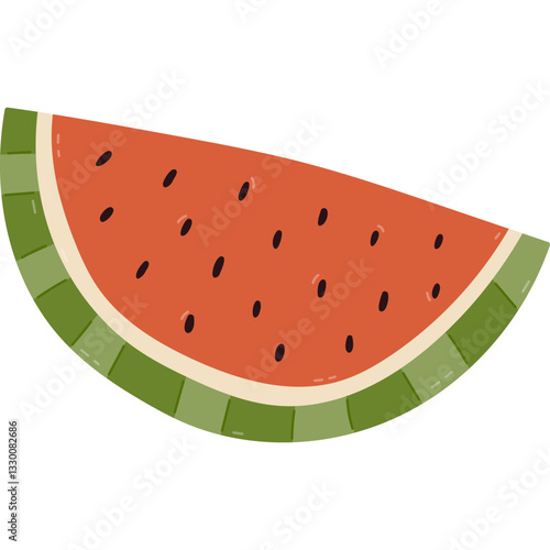 Lovely cartoon watermelon slice with seeds and rind in childish style. Multicolored large piece of fruit from tropics and summertime isolated on white. Cute juicy watermelon for poster, design, print.