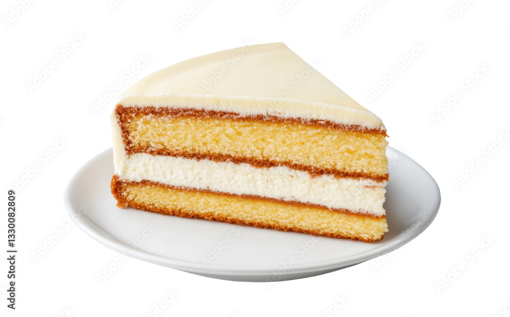 Delicious slice of vanilla layer cake with cream frosting on white plate, cut out Delicious slice of vanilla layer cake with cream frosting on white plate, cut out