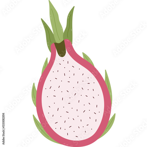 Lovely cartoon dragon fruit cut in half with white juicy pulp and small seeds. Childish vivid of exotic sweet food isolated in white background. Summery and tropic fruit clipart for design and print.