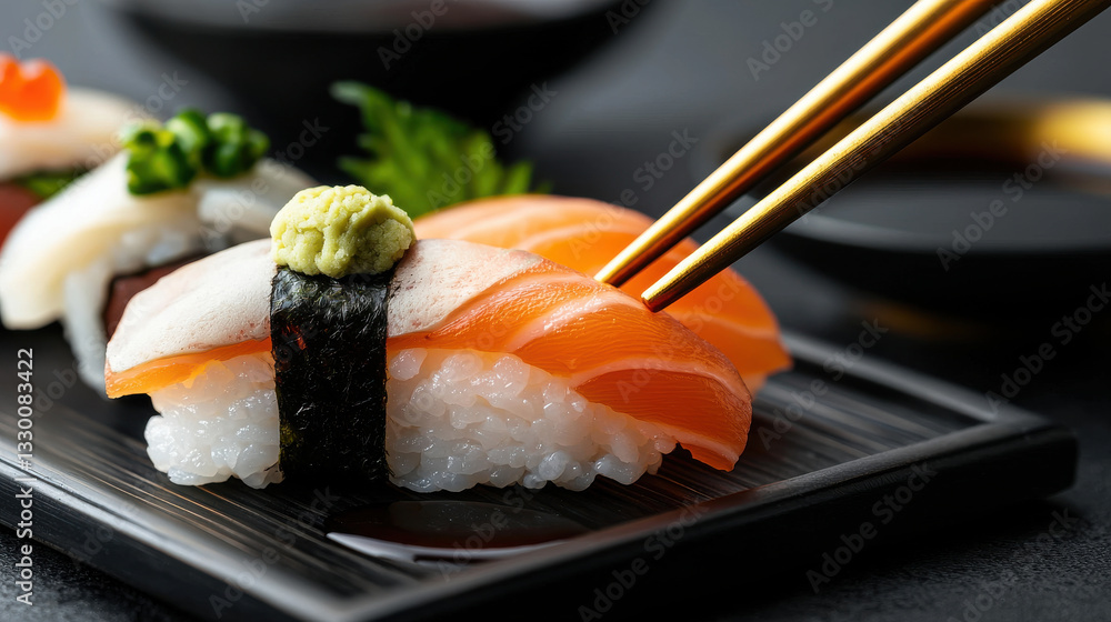 Stylish luxury food, Delicate sushi with fresh fish and wasabi, served on black plate Stylish luxury food, Delicate sushi with fresh fish and wasabi, served on black plate
