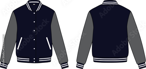 Bomber Jacket Flat Vector Illustration, Varsity Jacket Mockup Varsity Jacket Fashion Flat Template, black and grey colour