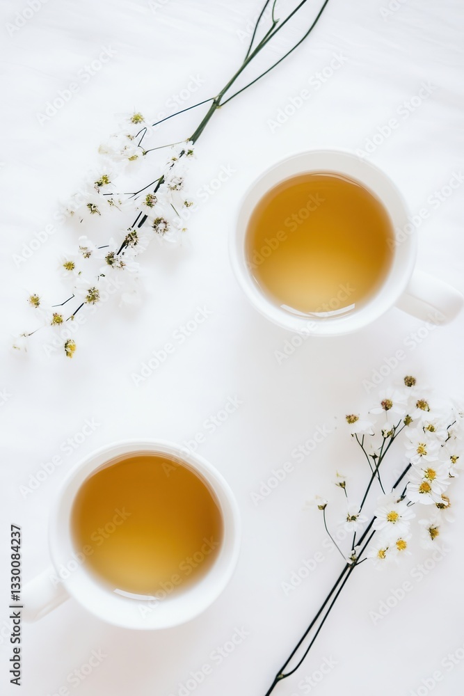 Serene Tea Time: Two Cups of Herbal Tea with Delicate White Flowers