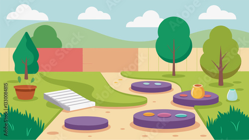 A sensory garden designed for individuals with autism featuring tactile elements such as a textured wall and tactile stepping stones.. Vector illustration