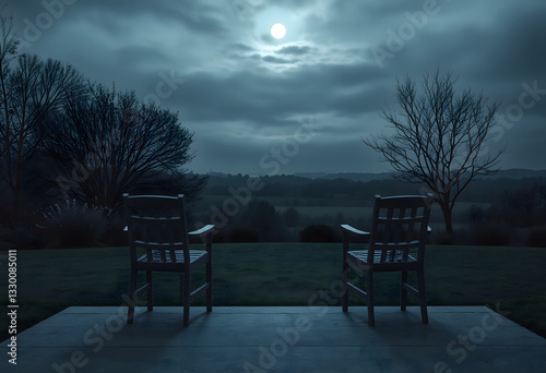 Two empty chairs under a full moon at night, Trauer theme concept.