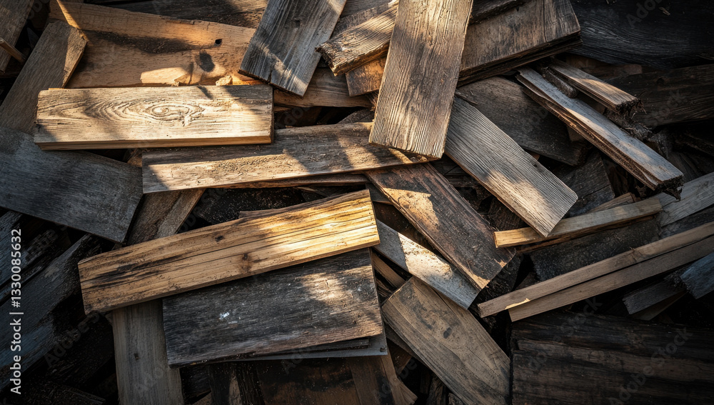 A variety of used wooden planks are stacked together, showcasing different shapes and textures on a clear background, perfect for design purposes A variety of used wooden planks are stacked together, showcasing different shapes and textures on a clear background, perfect for design purposes