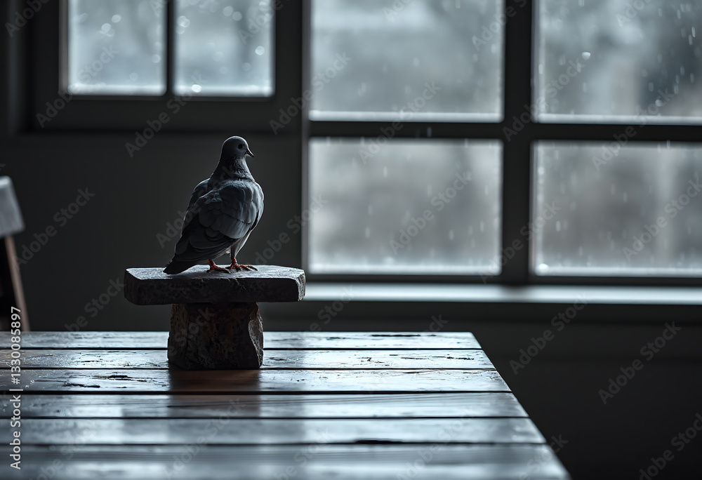 Obraz premium A pigeon sitting on a wooden table by a window, Trauer theme concept.