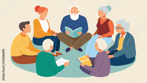 A group of seniors sitting in a circle taking turns telling a story and trying to recall specific details from previous stories.. Vector illustration