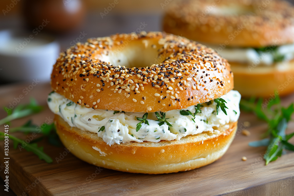Bagel Sandwich With Tomato, Red Onion, And Cream Cheese Spreads Bagel Sandwich With Tomato, Red Onion, And Cream Cheese Spreads