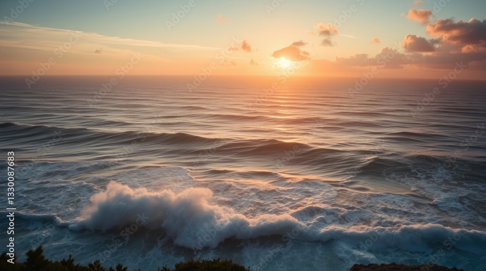 Fototapeta premium Ocean Waves Crashing at Sunset with Golden Light and Cloudscape