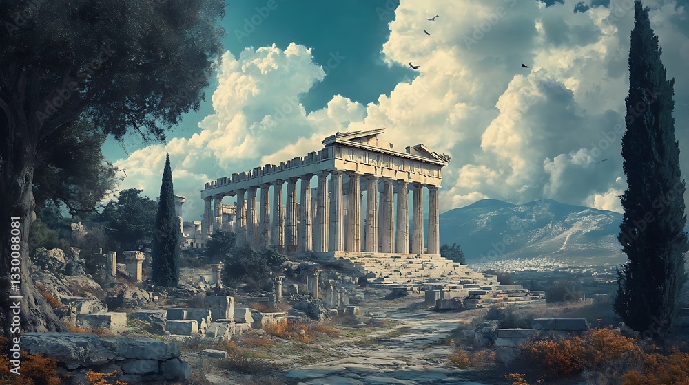 Obraz premium AeriThe Acropolis temple ruins dominated by the Parthenons splendor image