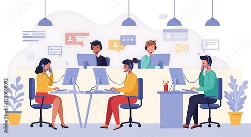 call center flat design illustration,isolated on white 