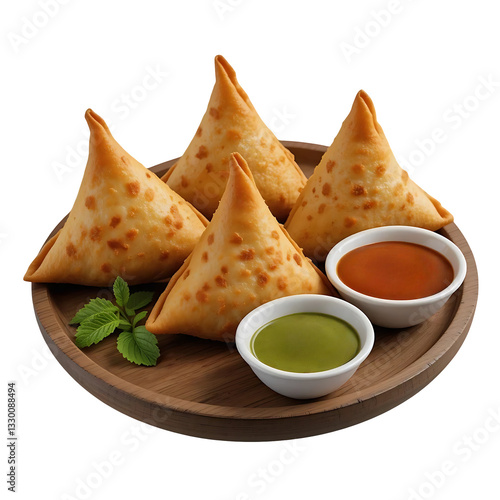 Crispy samosas with mint and tamarind chutney on a plate, traditional spicy street food, deep fried snack, popular Pakistani and Indian cuisine