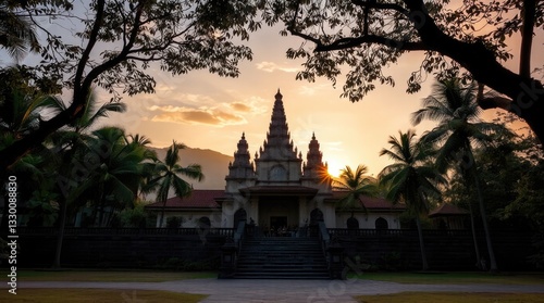 Wallpaper Mural Temple Architecture at Sunset with Palm Trees and Peaceful Warm Light Torontodigital.ca