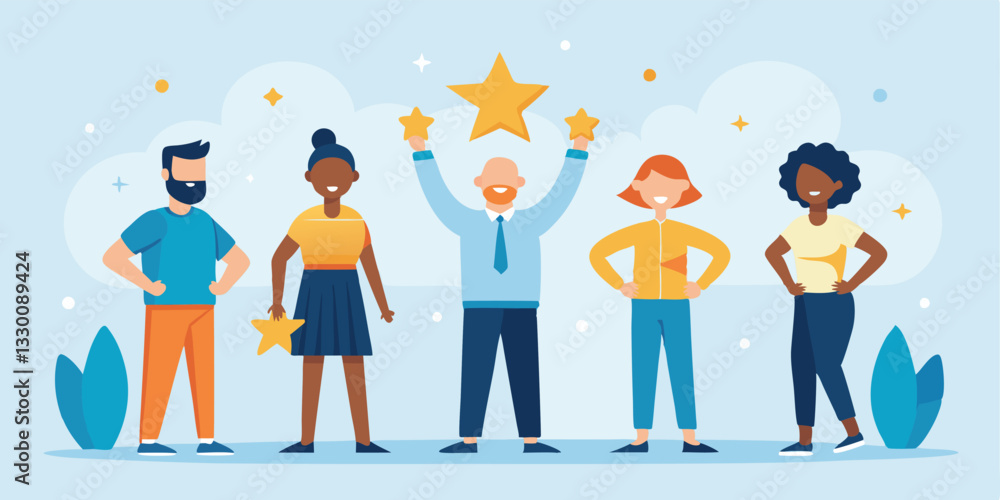 Fototapeta premium Team Success Illustration: Diverse Group Celebrating Achievement with Stars in Flat Vector Design for Business and Recognition Concepts