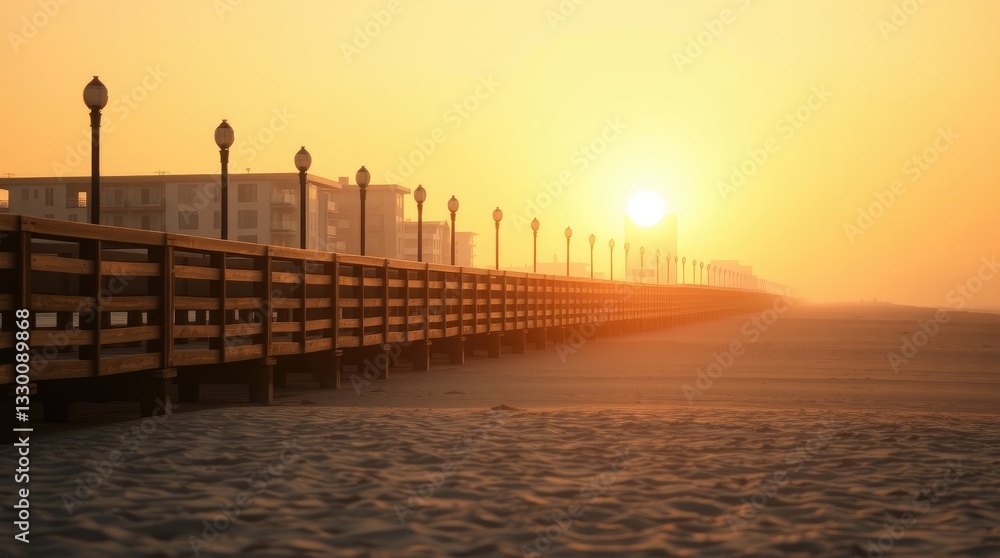 Obraz premium Boardwalk Leading to the Sunrise on a Misty Morning by the Beach