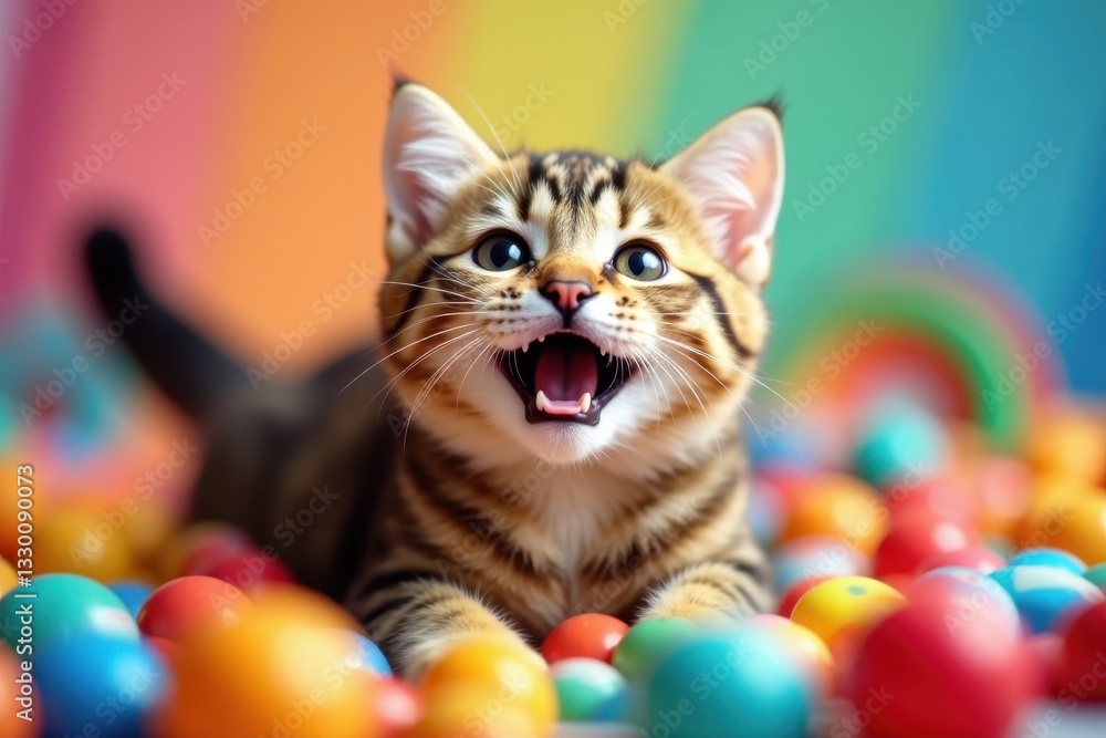 Smiling cat amidst rainbow toys, joyful feline fun , expression, catnip Smiling cat amidst rainbow toys, joyful feline fun , expression, catnip