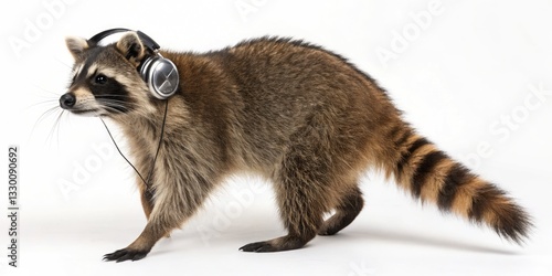 Raccoon Wearing Headphones Walks Confidently in a Playful Indoor Setting With a Whimsical Scale on Display Generative AI