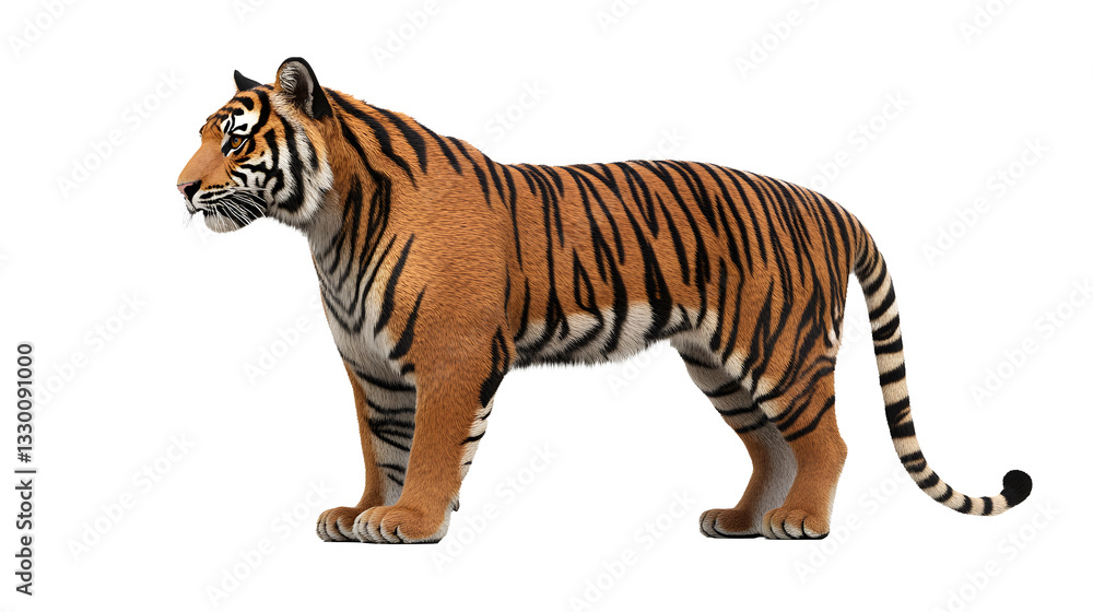 Fototapeta premium Majestic Bengal tiger in side profile standing on white background / PNG