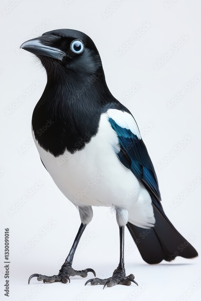 Fototapeta premium Elegant Black and White Bird with Striking Blue Eyes and Detail