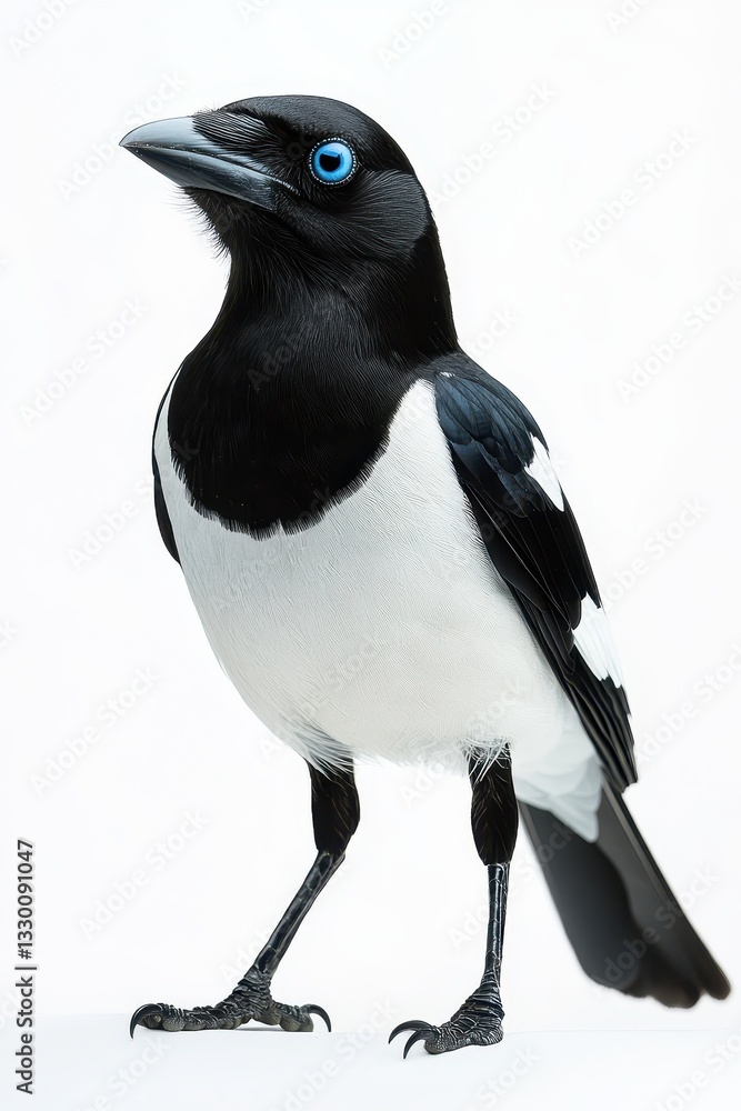 Obraz premium Striking Black and White Bird with Vibrant Blue Eye on White Background