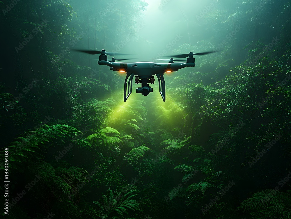 Naklejka premium Drones with advanced lidar scan tropical rainforests, mapping biodiversity and deforestation, showcasing cutting-edge tech for nature conservation, ecological research, and forest preservation.