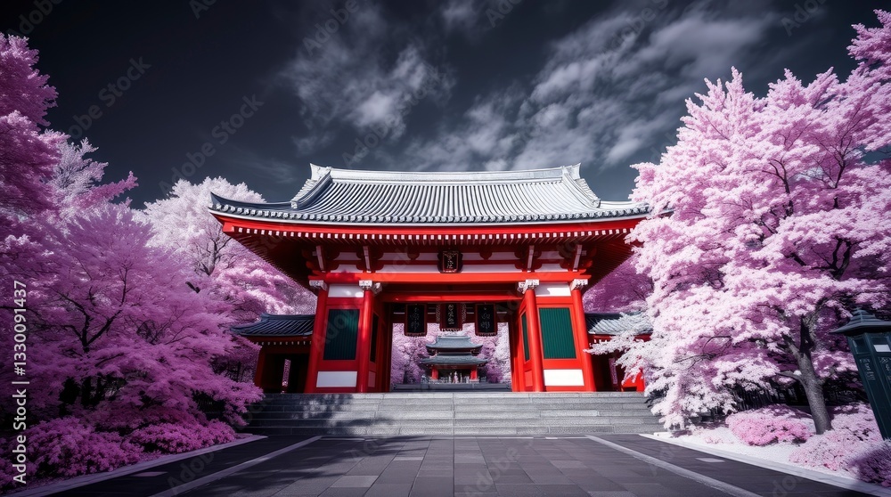 Japanese Temple Gate with Cherry Blossom Trees in Full Bloom Japanese Temple Gate with Cherry Blossom Trees in Full Bloom