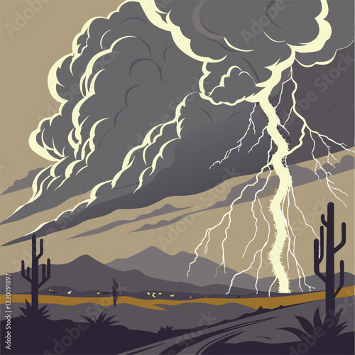 Dramatic Desert Thunderstorm with Lightning Strike Vector Illustration