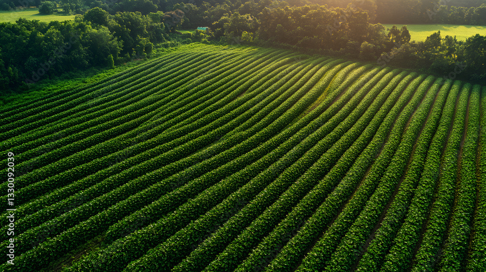 Aerial View of vibrant Green Agricultural Field with Sunlit Rows and Trees Aerial View of vibrant Green Agricultural Field with Sunlit Rows and Trees