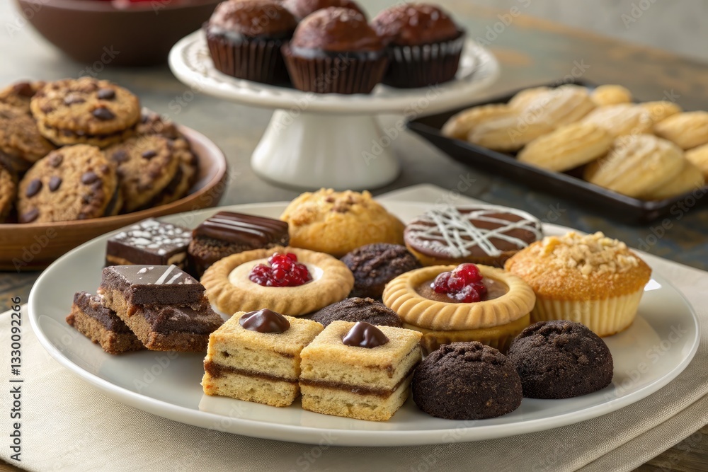 Delicious Collection of Baked Goods Presented on a White Plate With Various Treats for a Delightful Snack Time Generative AI Delicious Collection of Baked Goods Presented on a White Plate With Various Treats for a Delightful Snack Time Generative AI
