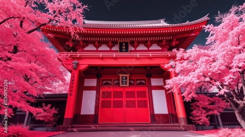 Visiting Vibrant Red Japanese Temple Surrounded by Cherry Blossoms Trees