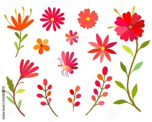 Collection of spring colorful flower elements vector.