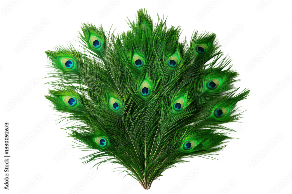 Fototapeta premium Vibrant green peacock feather display with eye patterns, cut out