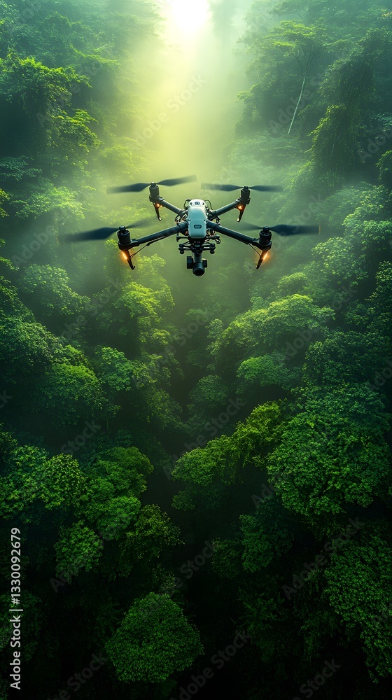 Fototapeta premium Drones with advanced lidar scan tropical rainforests, mapping biodiversity and deforestation, showcasing cutting-edge tech for nature conservation, ecological research, and forest preservation.