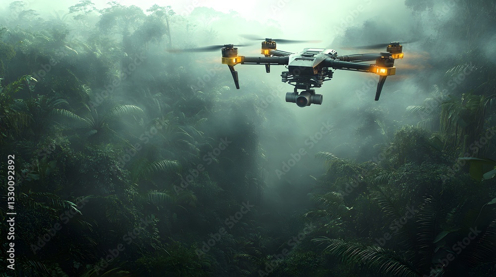 Fototapeta premium Drones with advanced lidar scan tropical rainforests, mapping biodiversity and deforestation, showcasing cutting-edge tech for nature conservation, ecological research, and forest preservation.