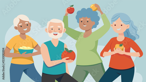 A group of seniors take part in a gentle exercise class after their nutritious meal enjoying the benefits of a wellrounded wellness program provided by the Elder Nutrition Program.. Vector