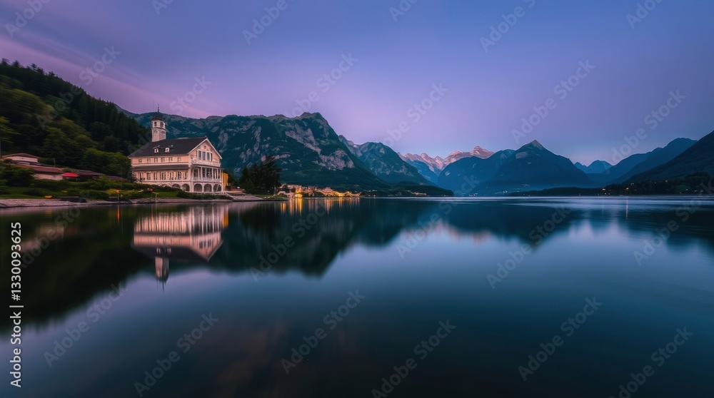 Fototapeta premium Scenic Lake Hallstatt Evening View with Reflections and Mountains