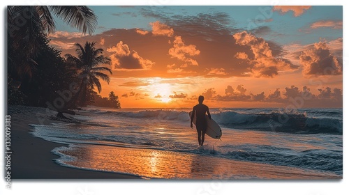 Sunset surf at tropical beach. A surfer walks along the shore at sunset, carrying a surfboard. Golden hour colors paint the sky and water