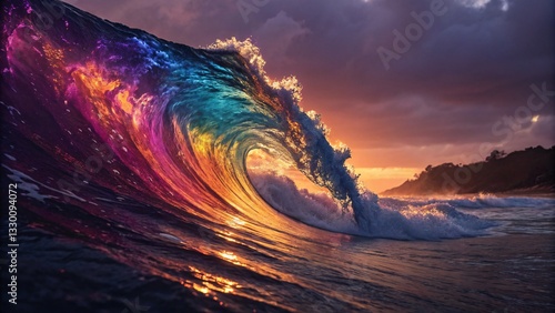 Vibrant Rainbow Ocean Wave at Sunset Stunning Surf, Dreamy Fantasy Water, Colorful Swell, Nature Beauty, Dramatic Seascape Art
