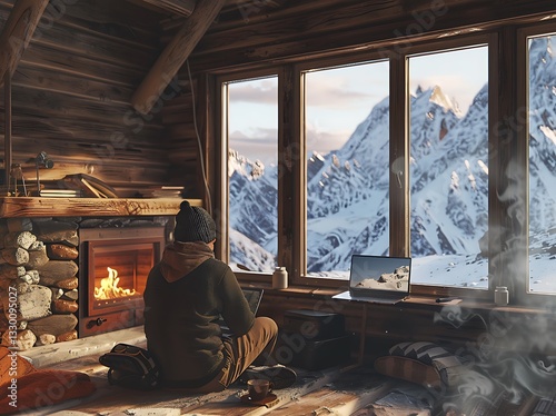 A digital nomad working remotely in a cozy mountain cabin, enjoying a hot cup of tea beside them while typing on a laptop.
