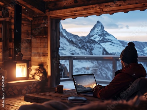 A digital nomad working remotely in a cozy mountain cabin, enjoying a hot cup of tea beside them while typing on a laptop.