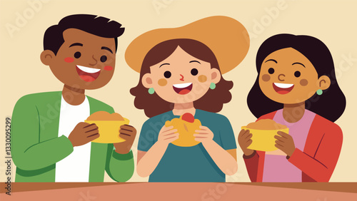 The satisfied smiles on the faces of customers as they take their first bite of the warm flavorful baleadas knowing theyve found the true taste of Honduras at this stand.. Vector illustration