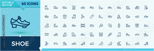 Shoe icon collection. Includes thin line style, wear, foot, fashion, heel and more. Thin outline icons pack. Sport icon.  Editable vector outline and solid icons.